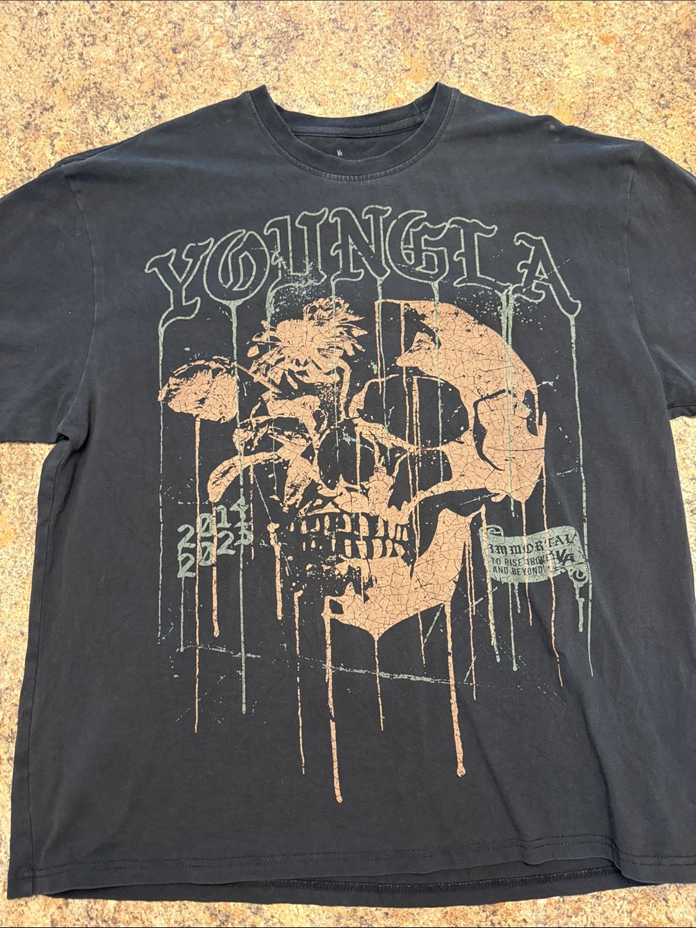 YoungLA Black Short-Sleeve Tee with Distressed Skull Graphic